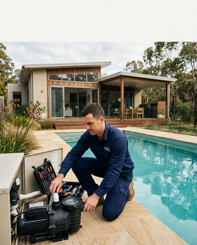 Technician kneeling beside a pool with pool pumps and an open tool case