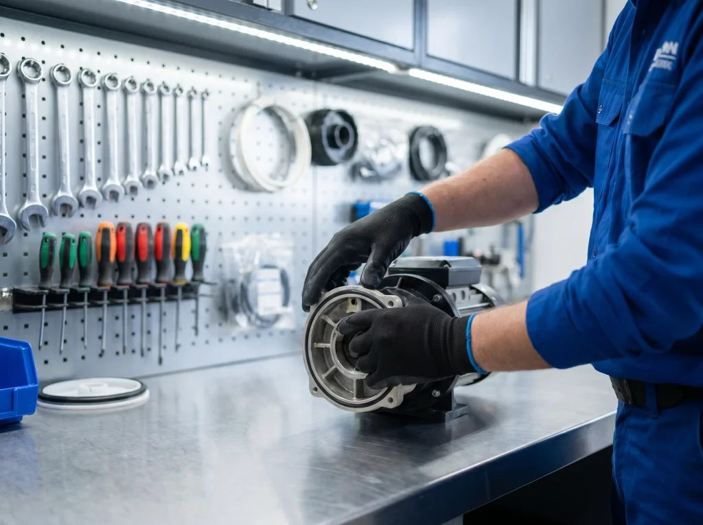 Technician assembling a new pool pump on a workshop bench