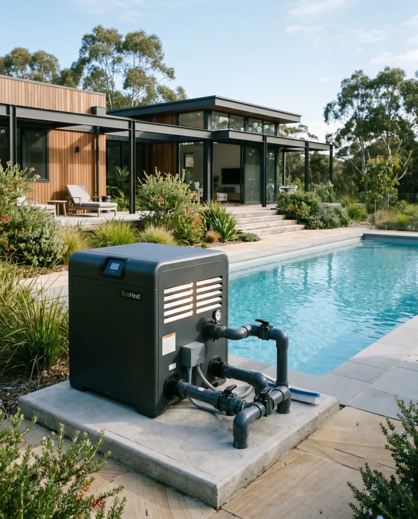 Pool heat pump unit installed beside a backyard pool