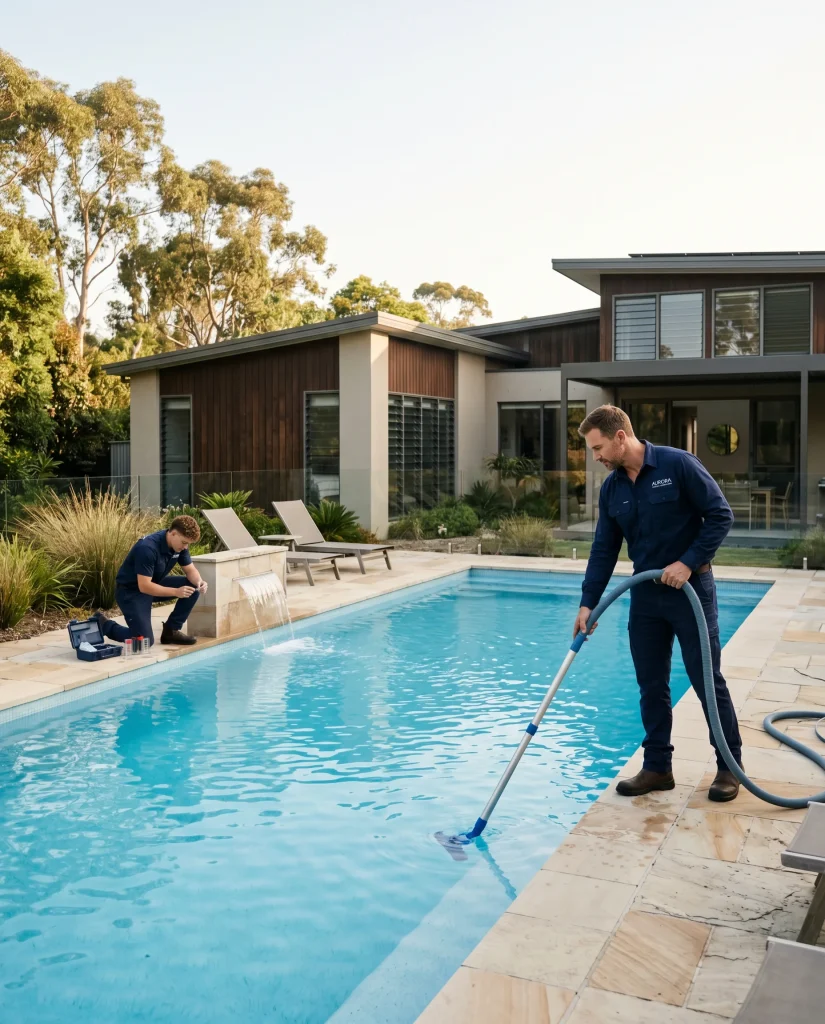 Two Claremont Pool Service technicians servicing a backyard pool