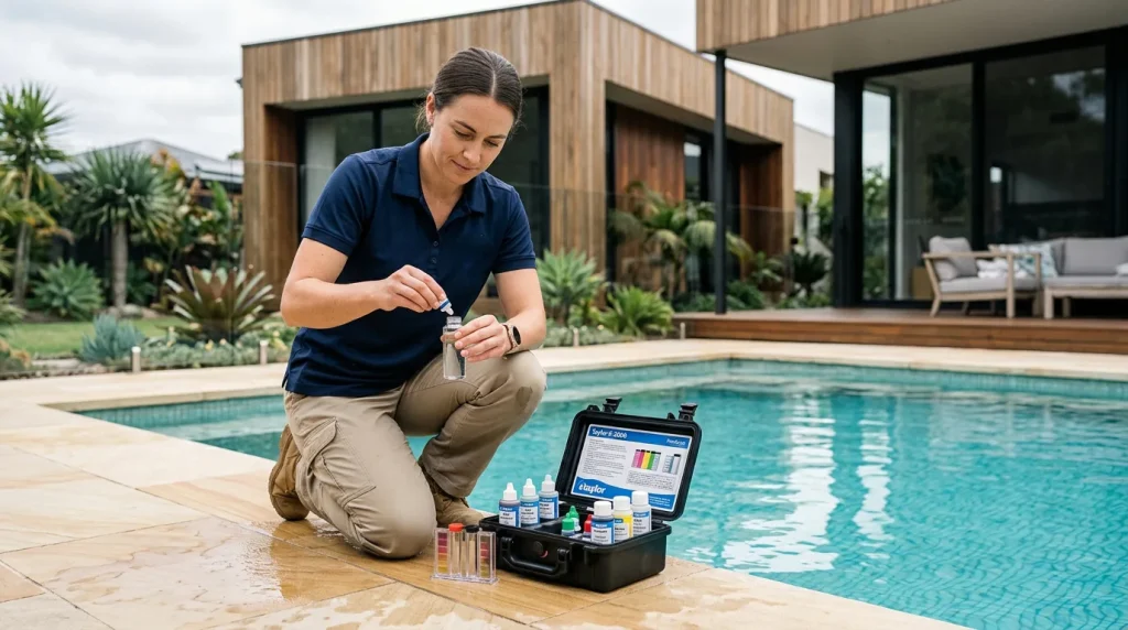 A Claremont Pool Service technician testing pool water with a chemical test kit