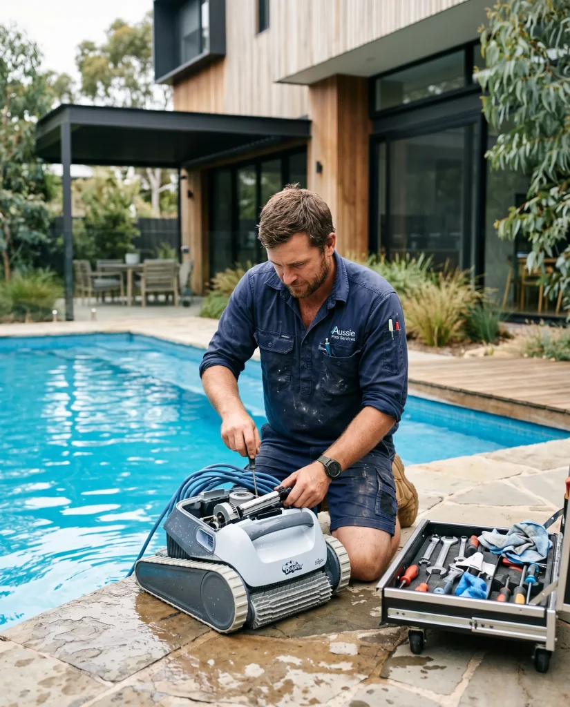 A Claremont Pool Service technician servicing a robotic pool cleaner at the poolside