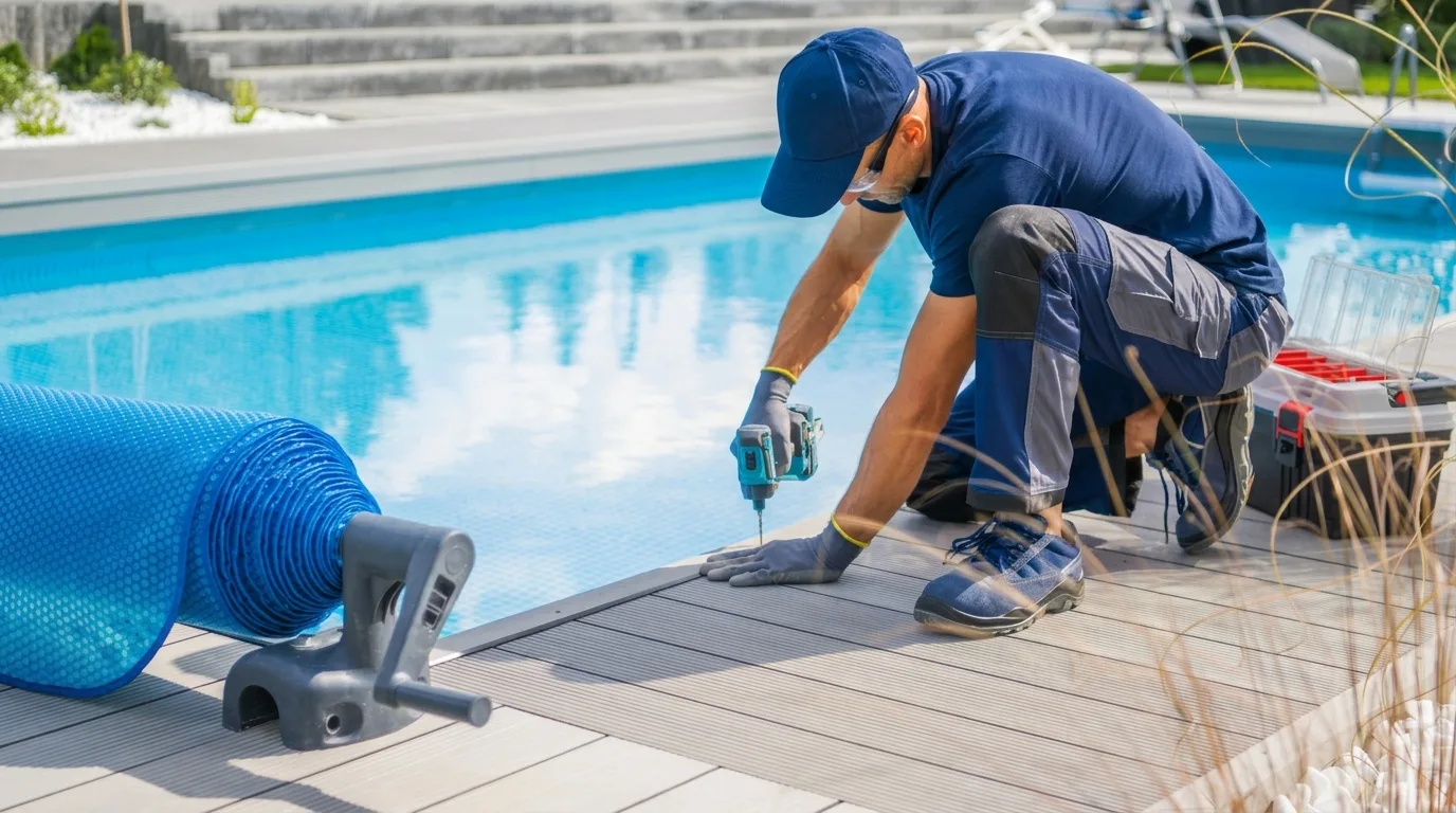 A pool technician drilling a fixing into pool decking beside a blue solar cover roller.