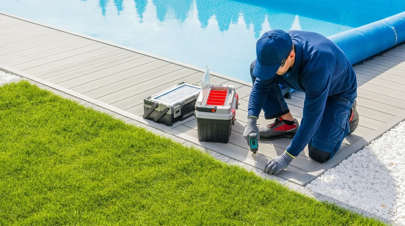 A pool technician kneeling on timber decking beside a rolled blue solar cover, with an open tool case on the paving.