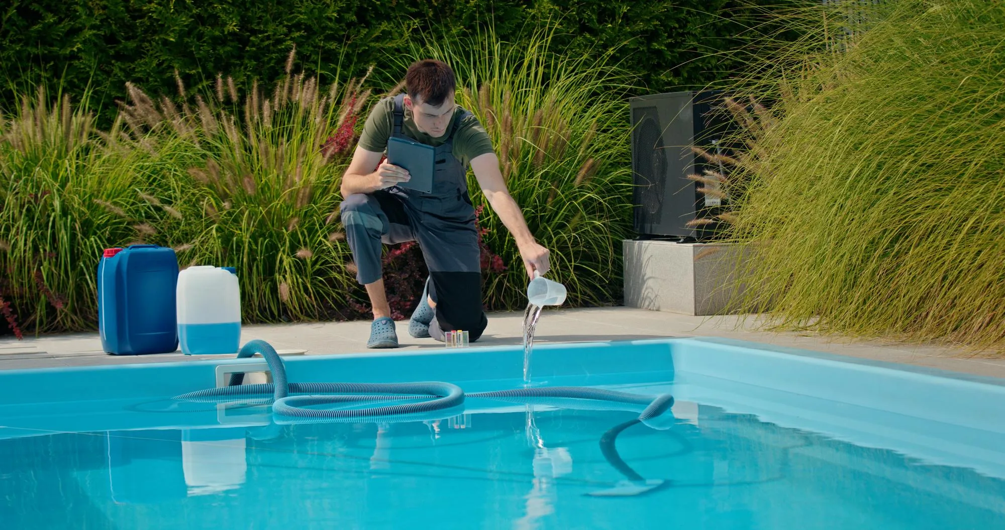A pool technician crouching at the edge of a pool taking a water sample, with test bottles on the paving beside them.